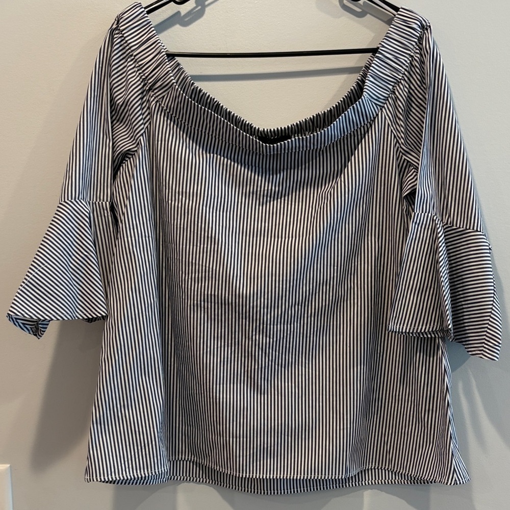 Cupio Navy and White Striped Bell Sleeve Blouse